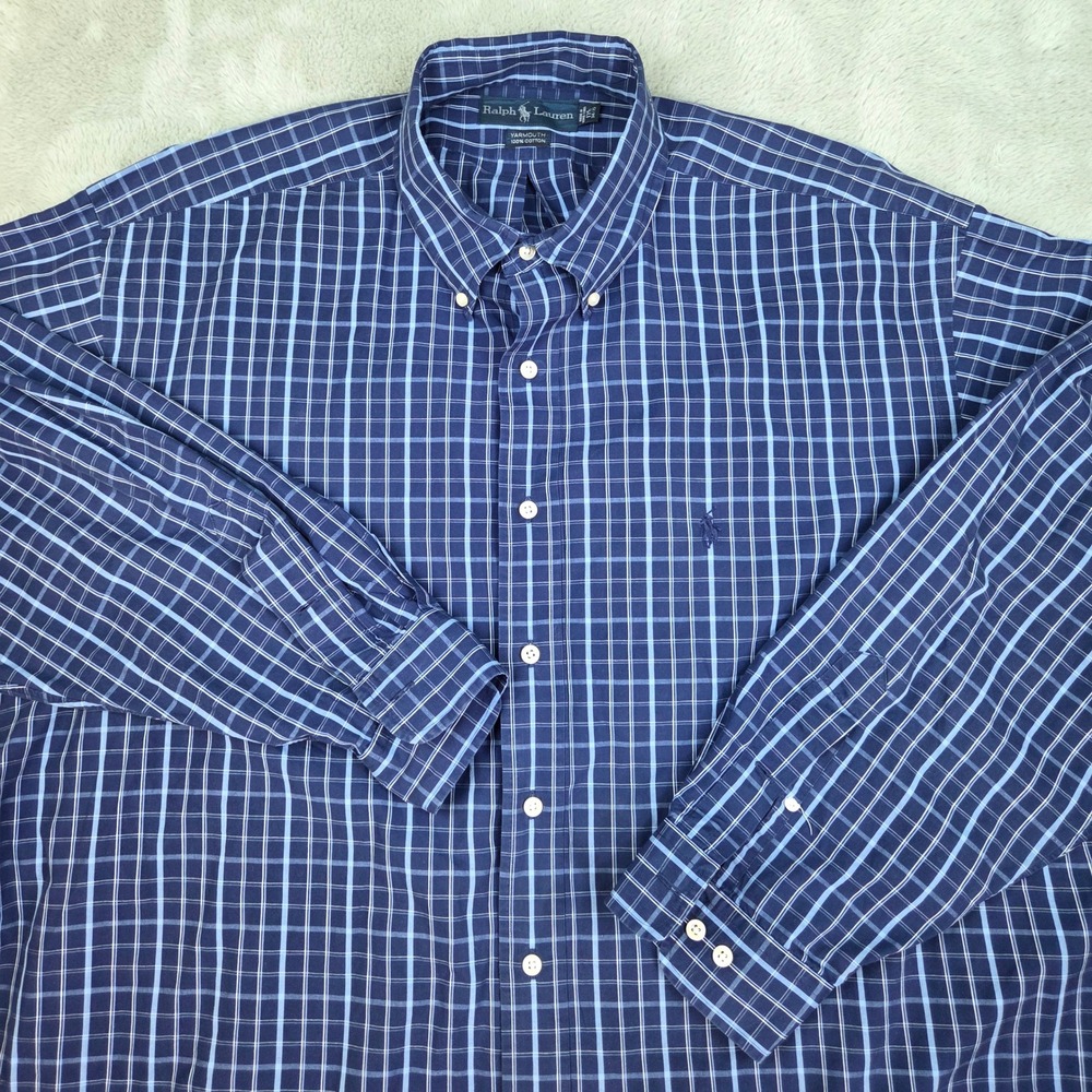Ralph Lauren Yarmouth Button Down Shirt Mens 17.5 34/35 Plaid Long Sleeve Blue